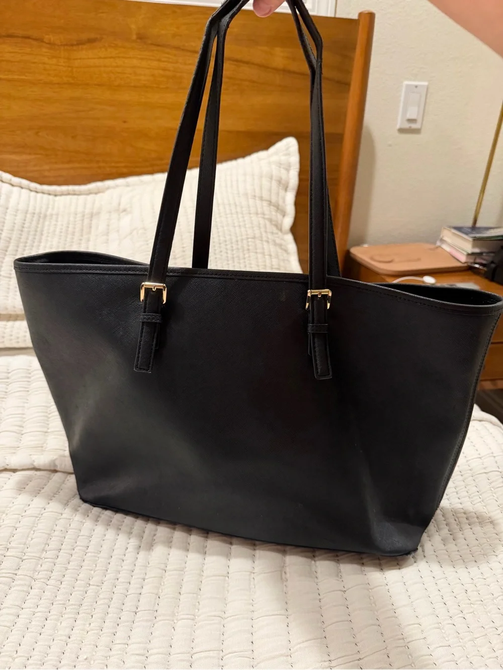 Michael Kors Black Leather Tote with Gold MK Charm